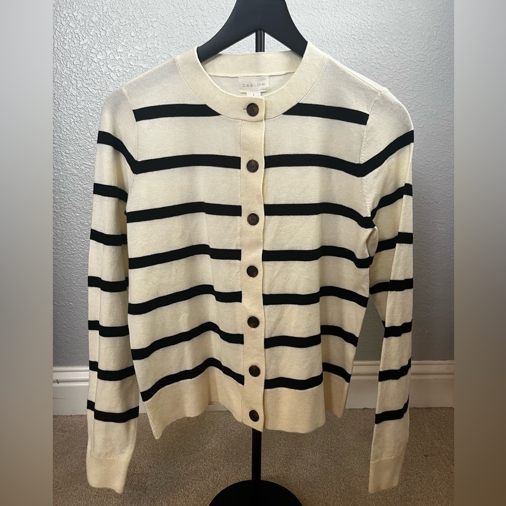 Caslon Black and Cream Striped Cardigan Sweater